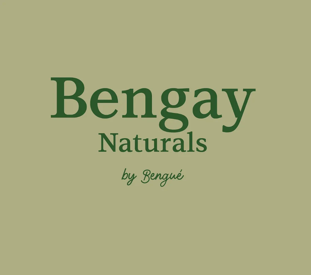 Bengay Naturals by Bengué wordmark in deep green serif type on a sage background