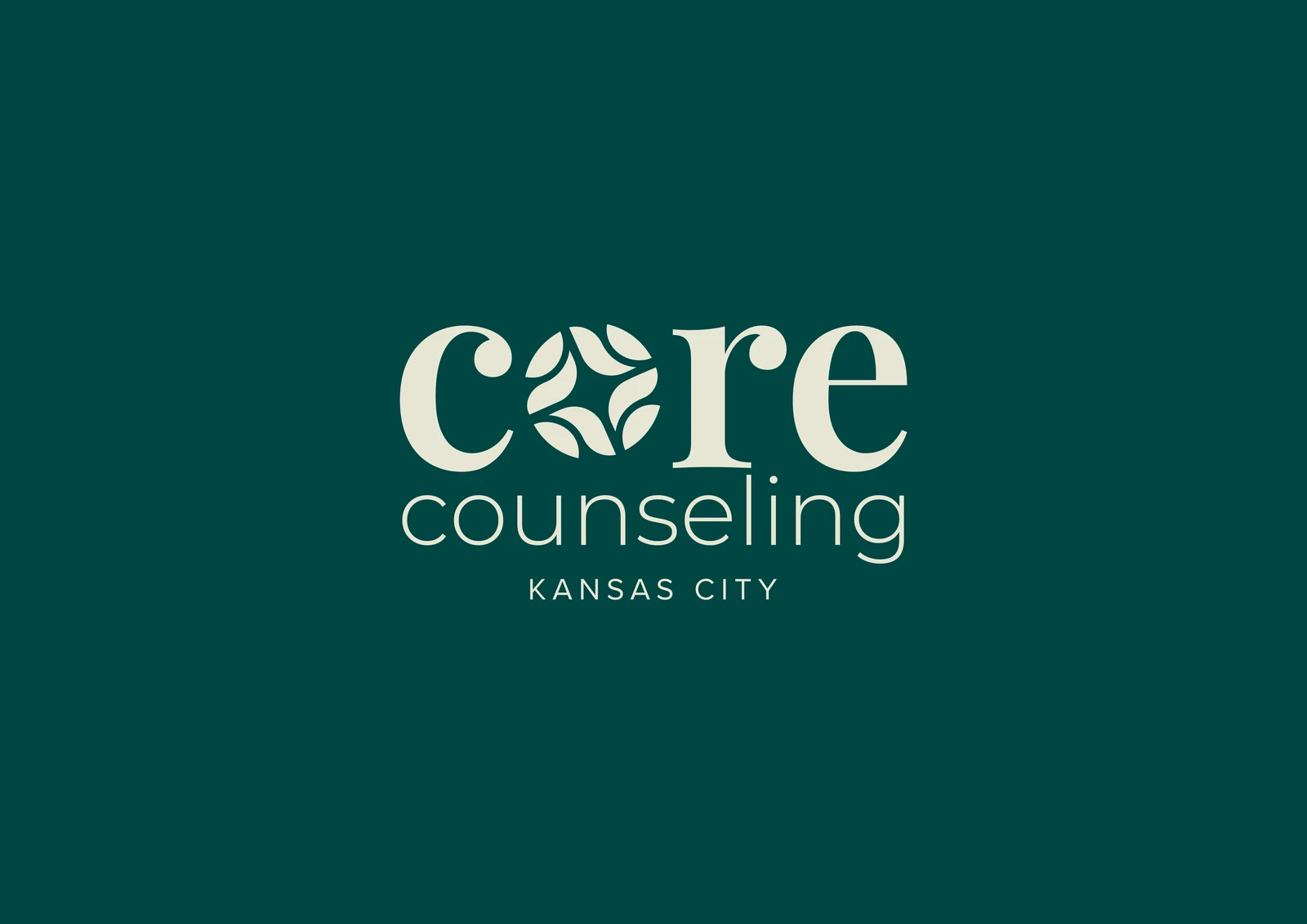 Core Counseling Kansas City logo in cream on deep green, the O drawn as a ring of leaves