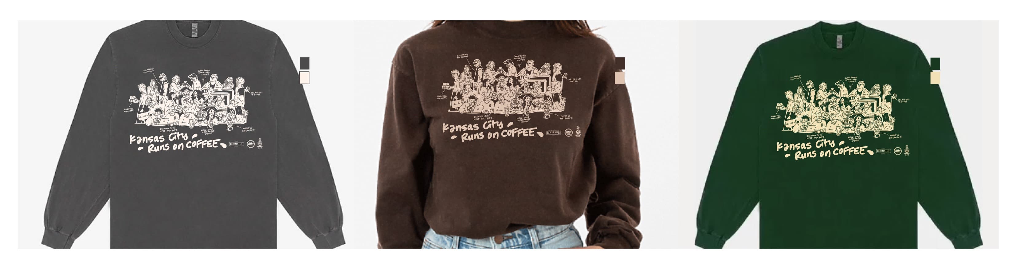 Kansas City Runs on Coffee apparel in charcoal, brown and green, each with its own signature color