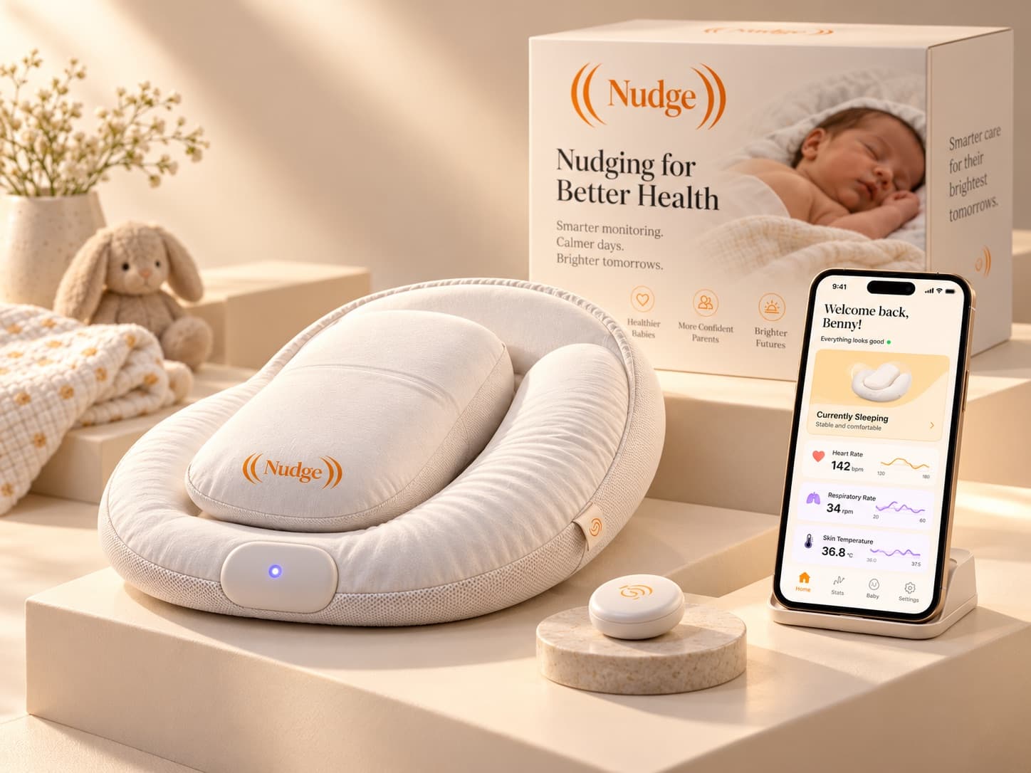 The Nudge system: packaging, the soft responsive pillow, a wireless sensor and the app showing heart rate, respiratory rate and skin temperature