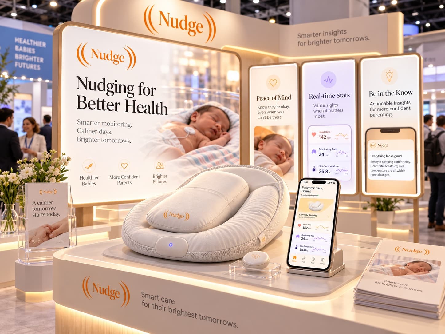 Trade-show booth for Nudge reading 'Nudging for Better Health', with the pillow, sensor and nurse app on display
